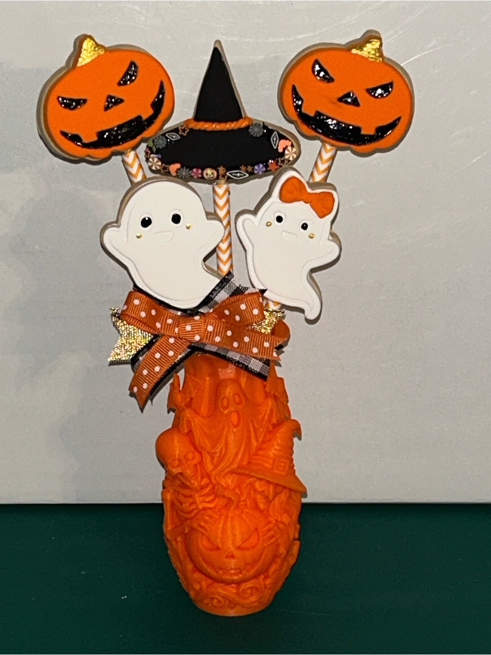 Orange Pumpkin & Ghost Fake Cookie Bouquet Table Decor with Witch Hat Handmade